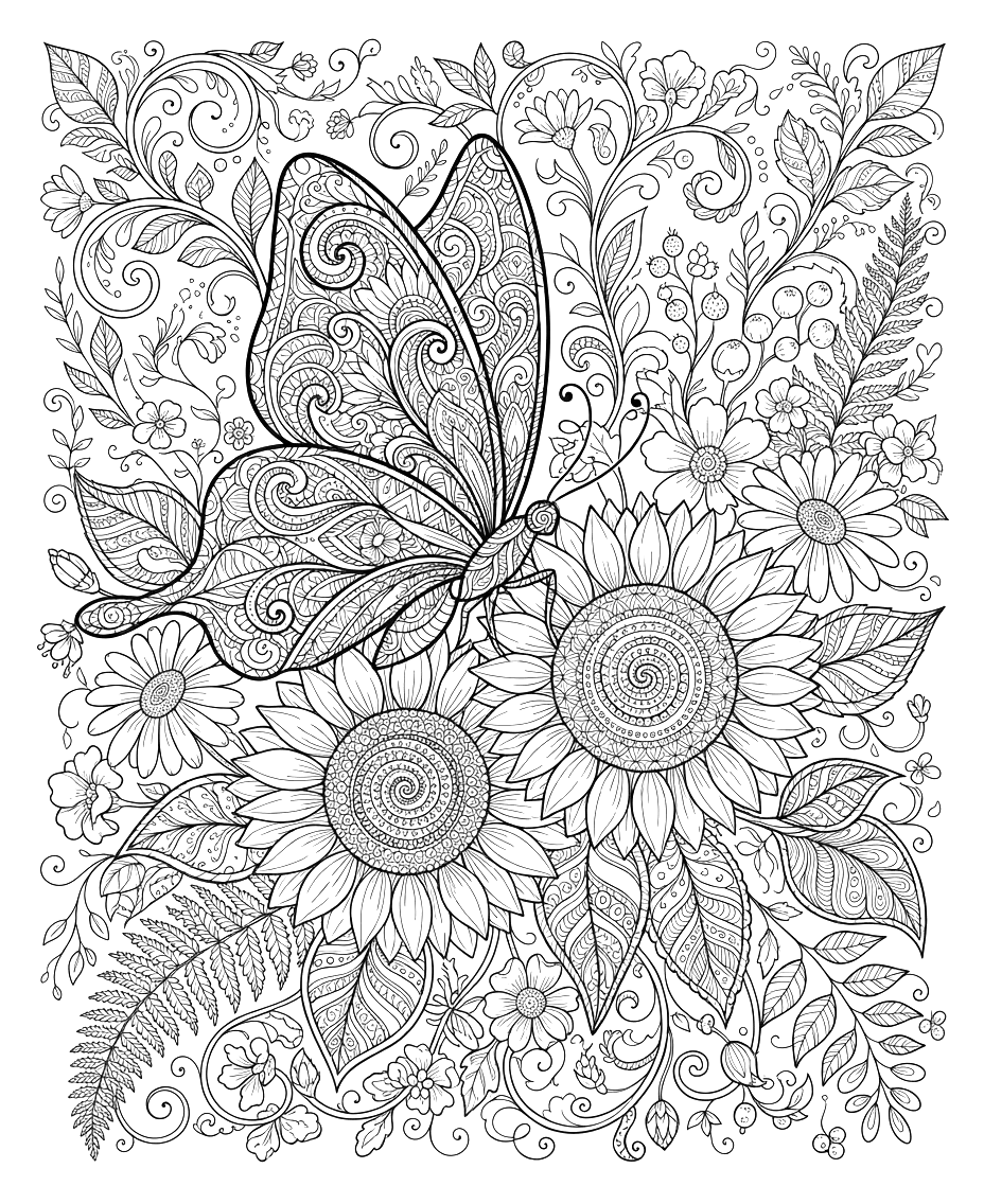 Detailed Butterfly & Botanical Garden Coloring Page