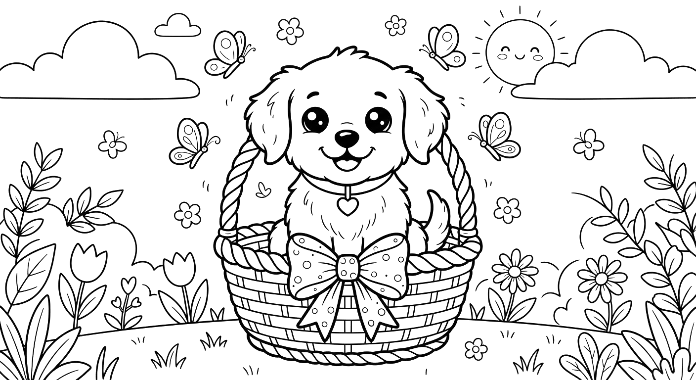 Adorable Puppy in a Basket Coloring Page