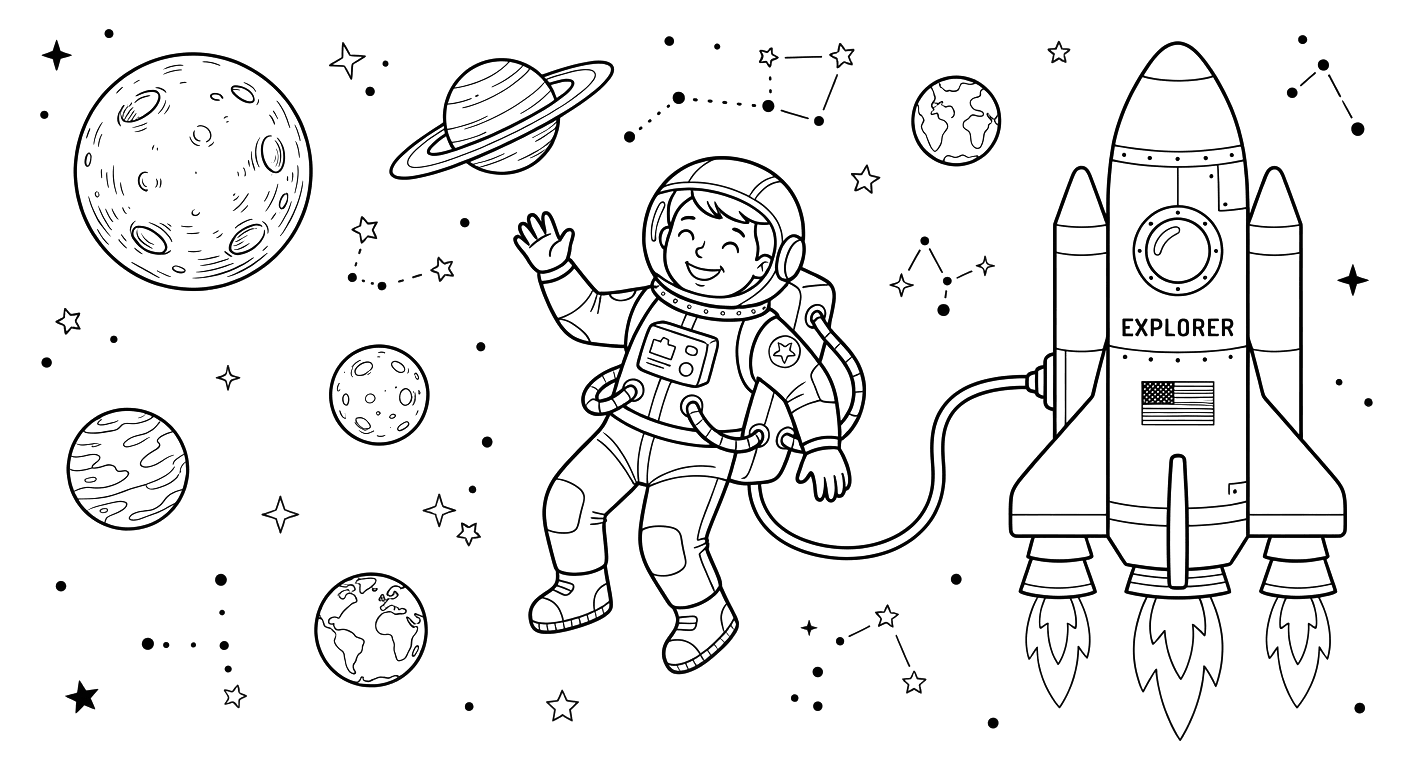 Space Astronaut & Rocket Ship Coloring Page